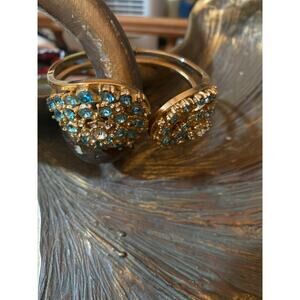 Vintage Aqua and Clear Rhinestone Gold Tone Clamper Bracelet